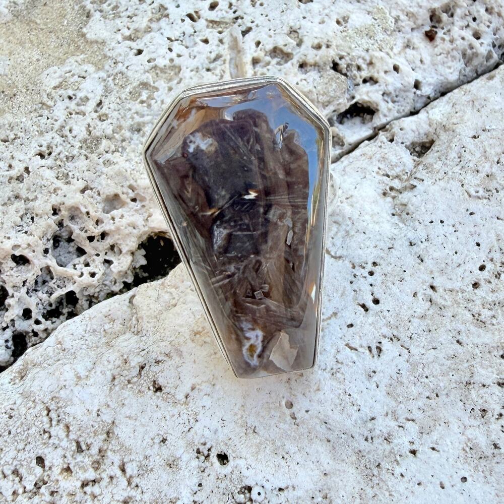 Smoky Quartz Coffin Ring 925 Silver Plated